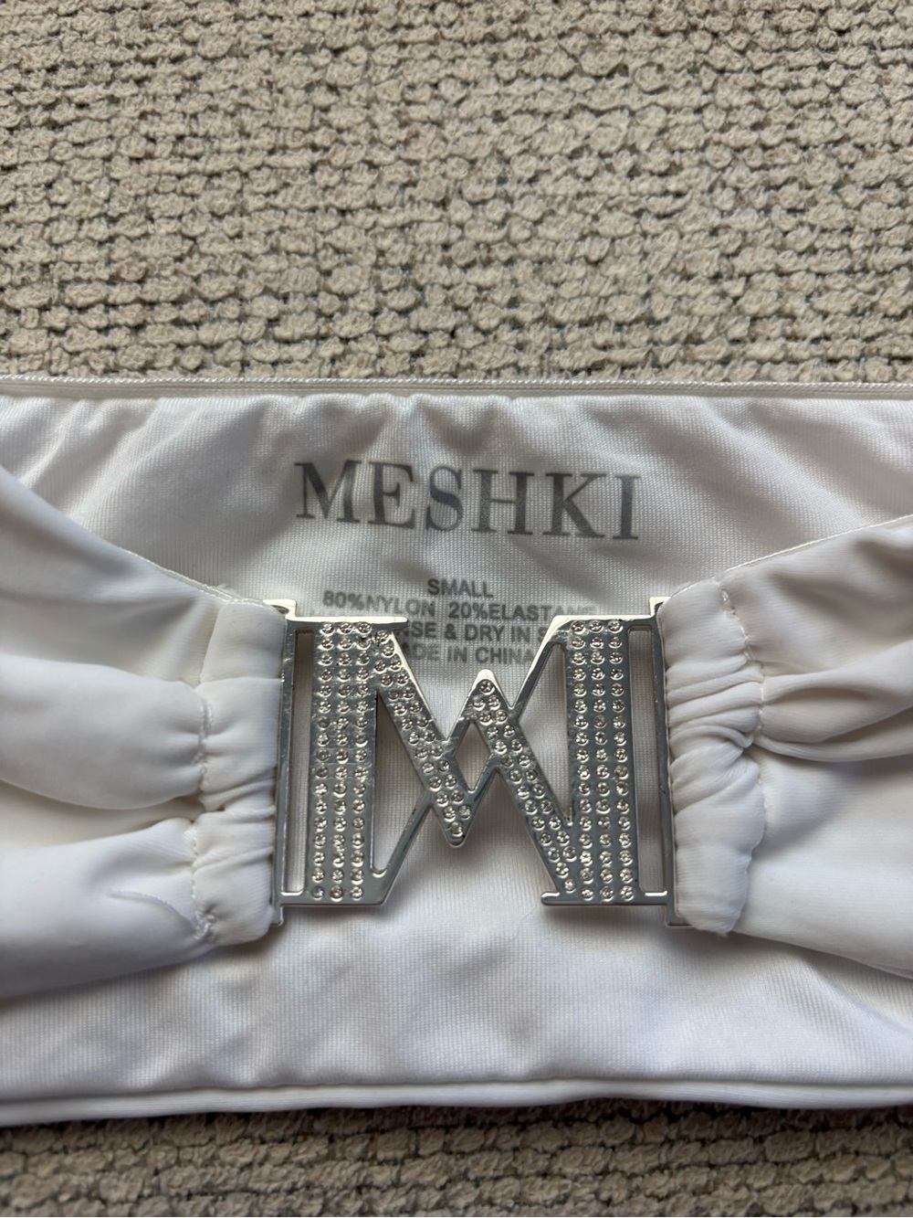 Meshki White Bikini Top with Crystal M Buckle
